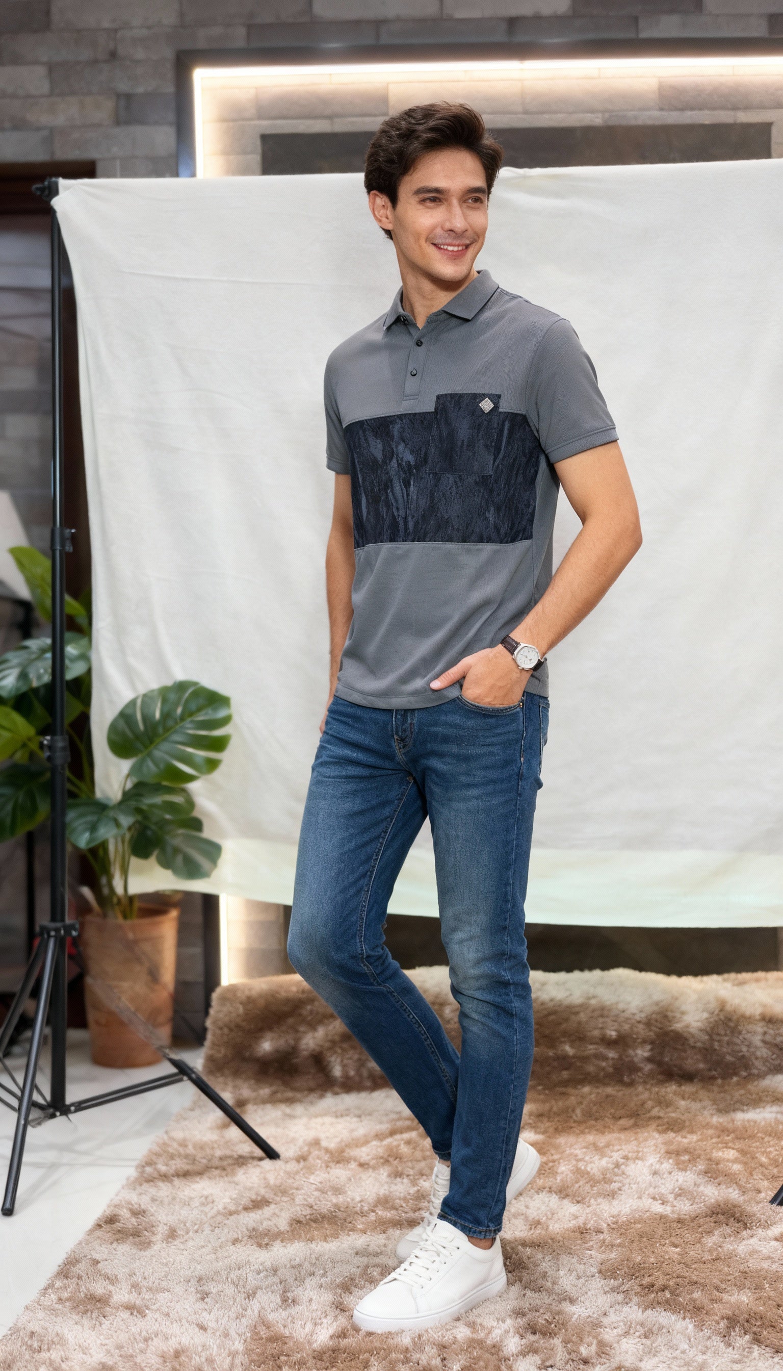 Self Printed Men's Polo T-Shirt With Designed Pocket