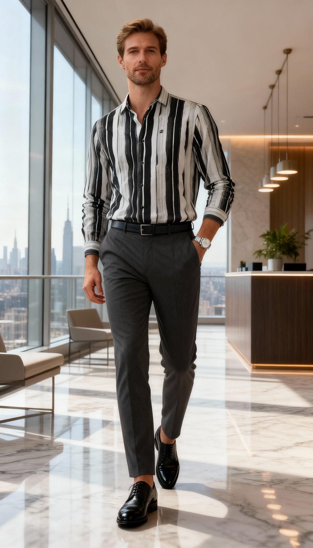 Korean Style Fancy Lining Design Men's Shirt