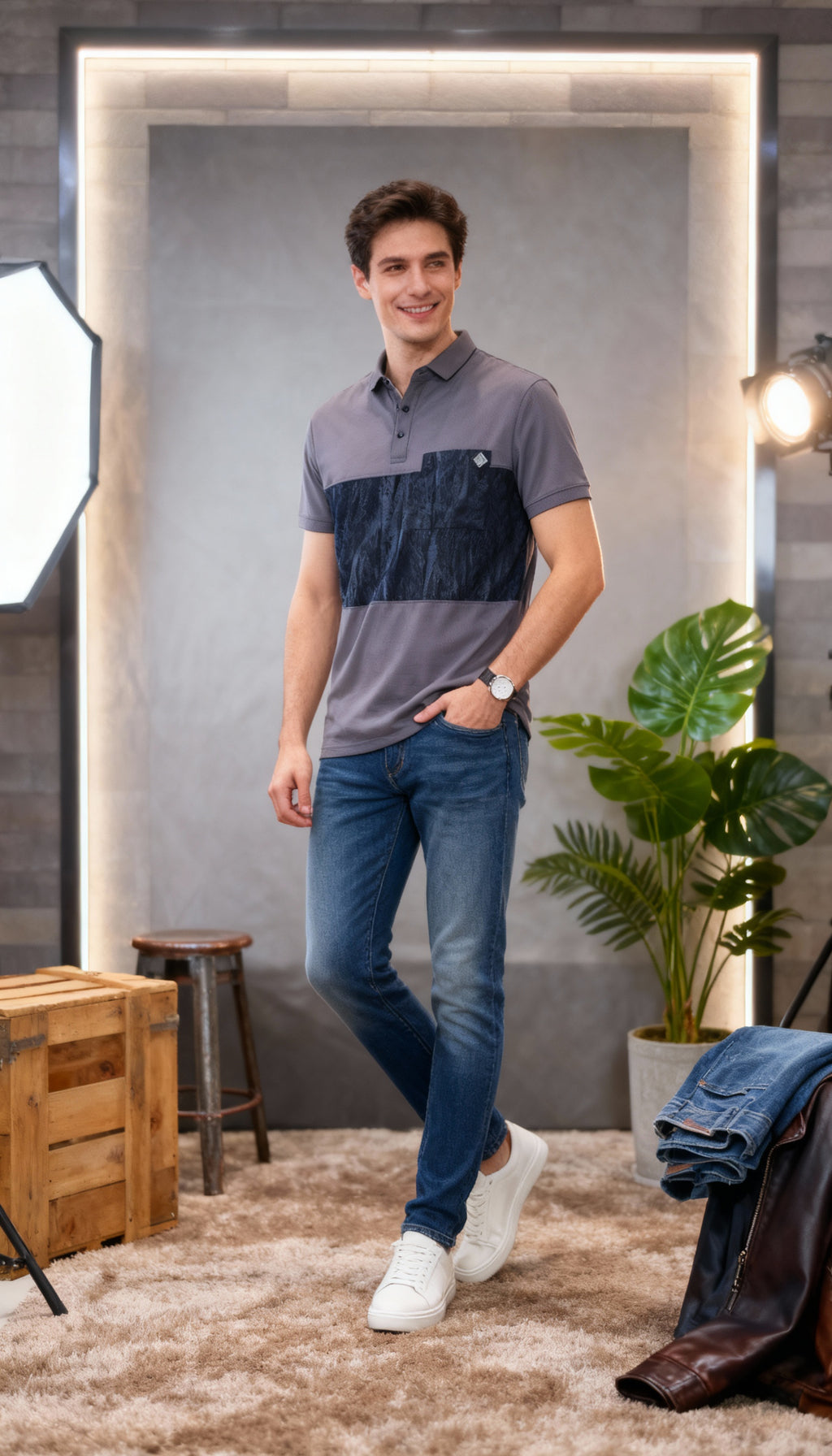 Self Printed Men's Polo T-Shirt With Designed Pocket