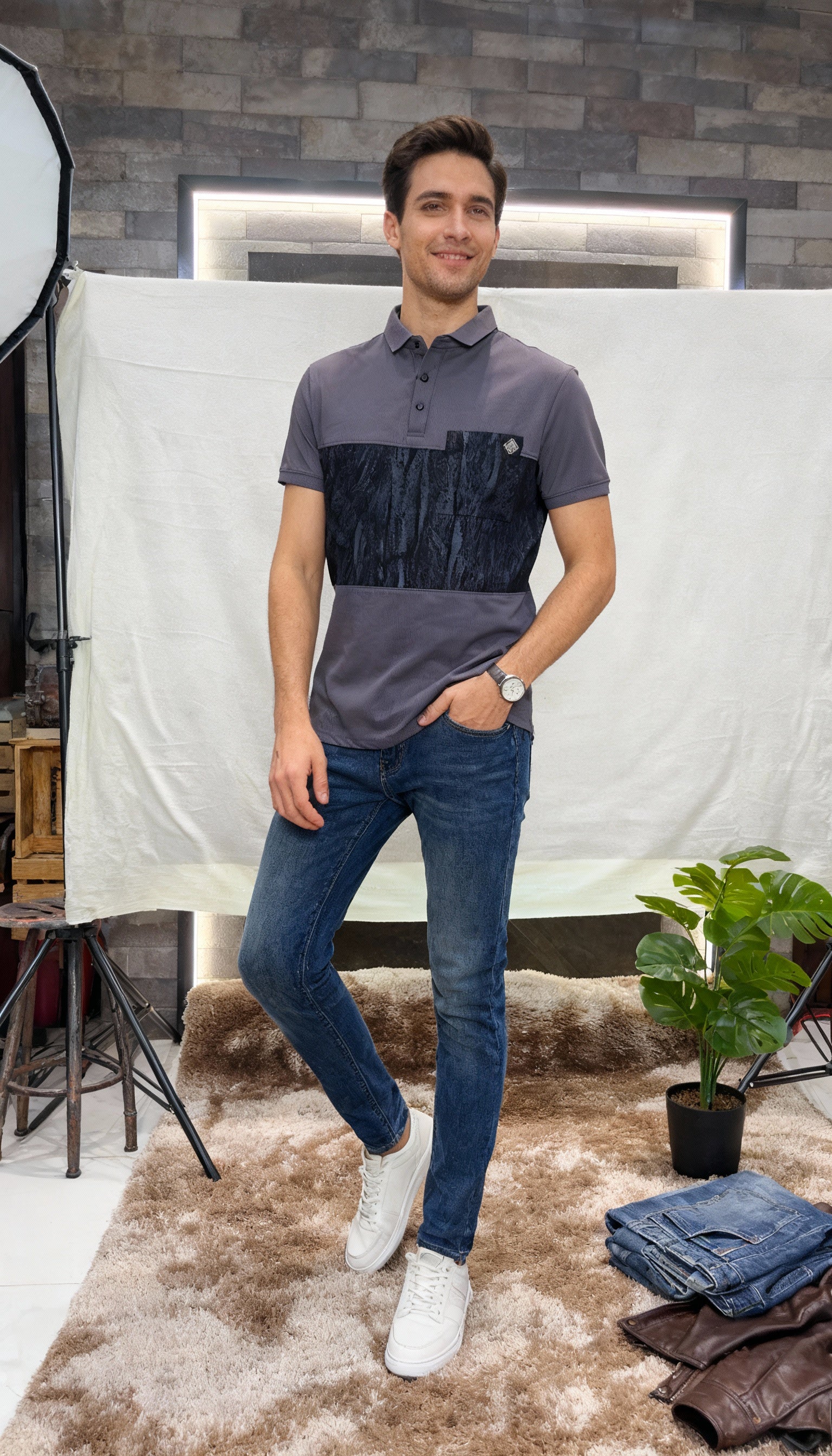 Self Printed Men's Polo T-Shirt With Designed Pocket
