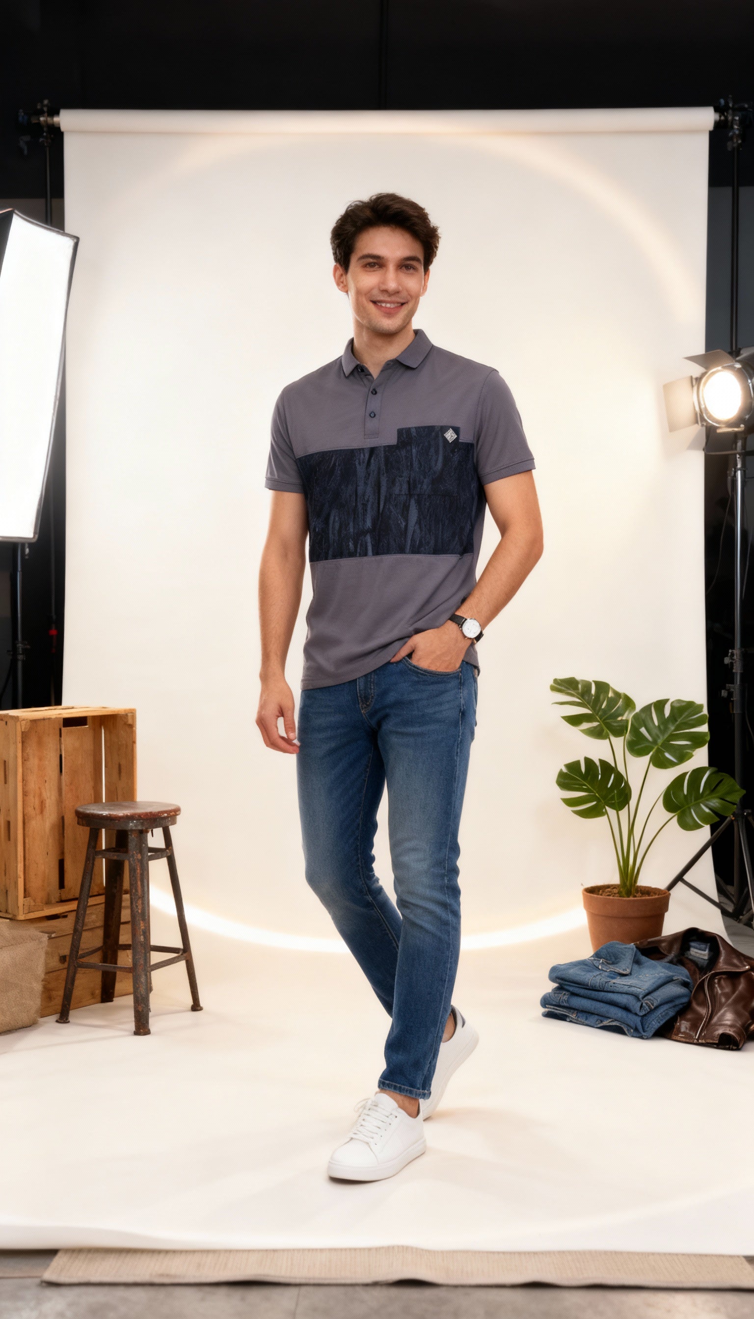 Self Printed Men's Polo T-Shirt With Designed Pocket