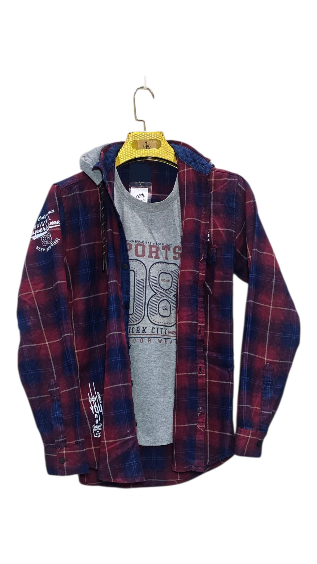 Full Sleeve Hoodie Style Checks Men's Shirt With Attached T-Shirt