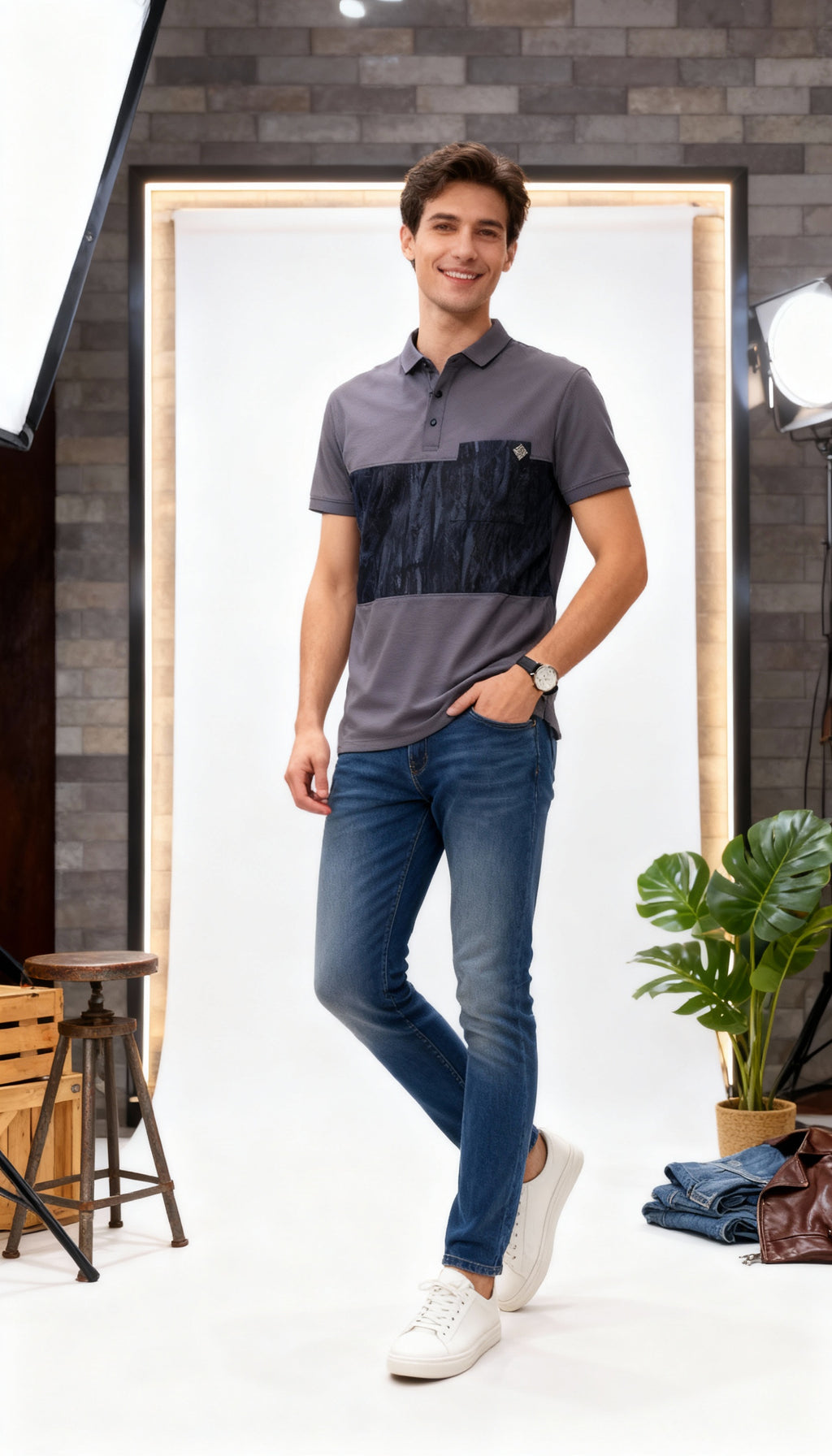 Self Printed Men's Polo T-Shirt With Designed Pocket