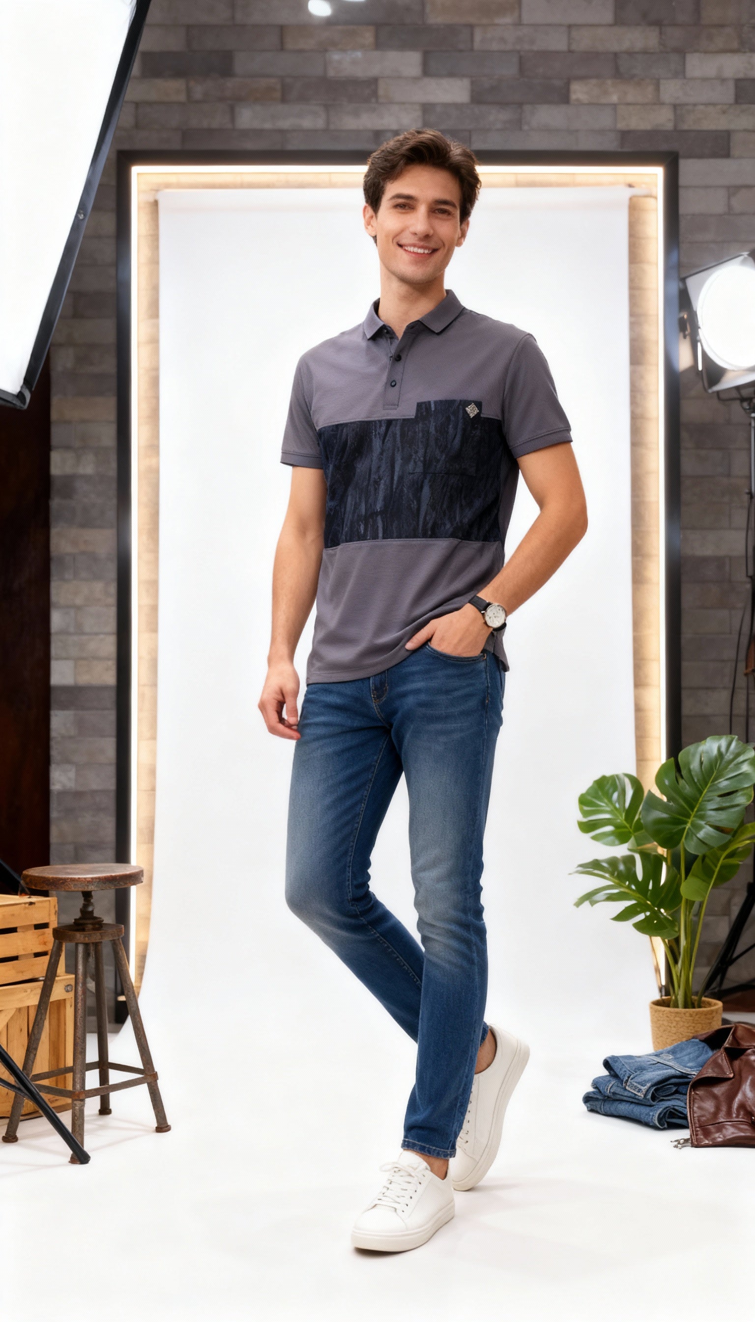 Self Printed Men's Polo T-Shirt With Designed Pocket