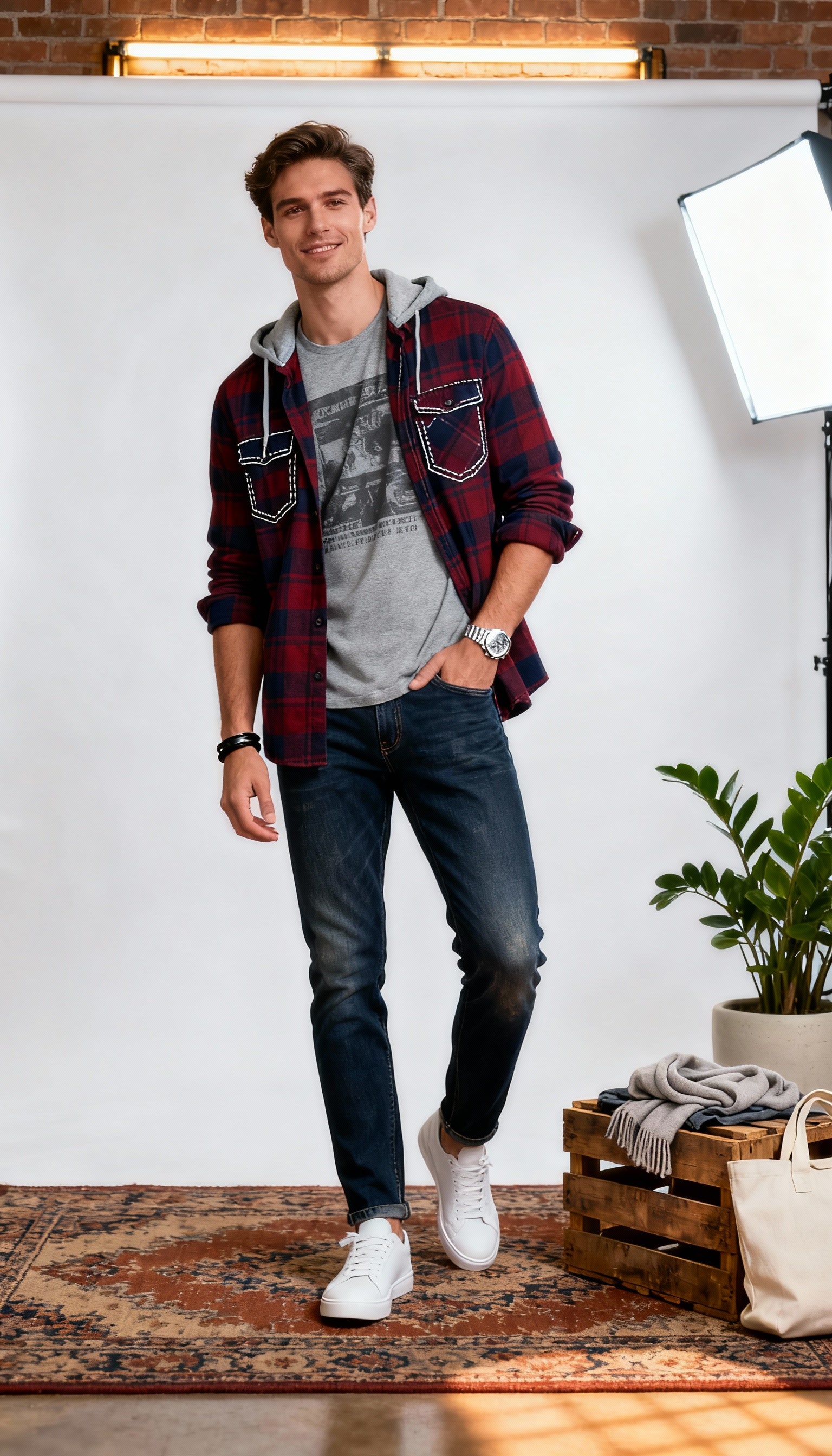 Full Sleeve Hoodie Style Checks Men's Shirt With Attached T-Shirt