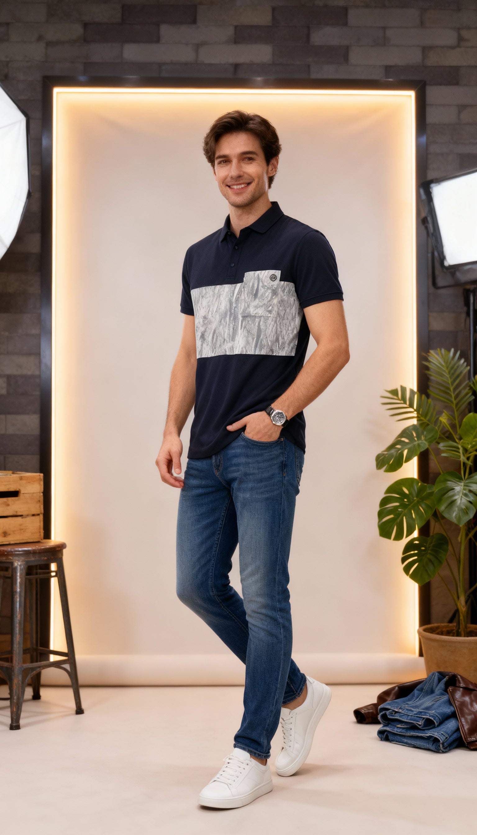 Self Printed Men's Polo T-Shirt With Designed Pocket