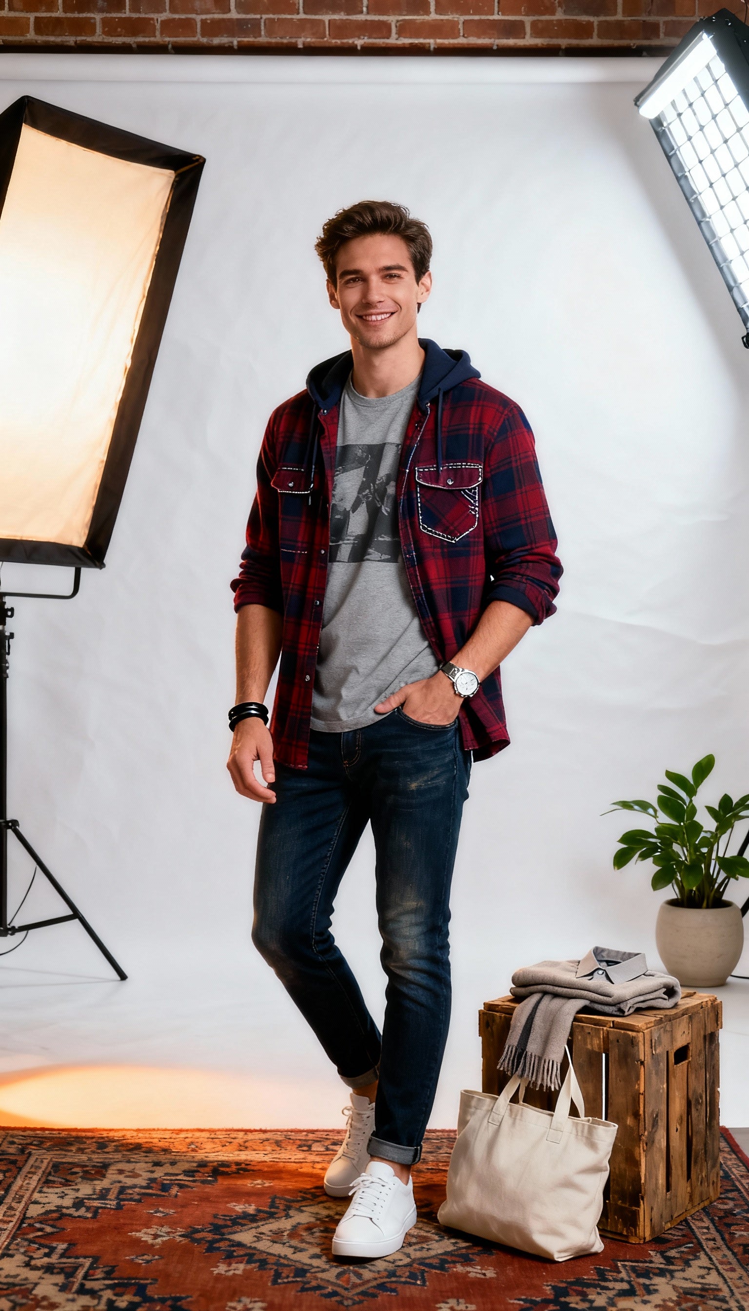 Full Sleeve Hoodie Style Checks Men's Shirt With Attached T-Shirt