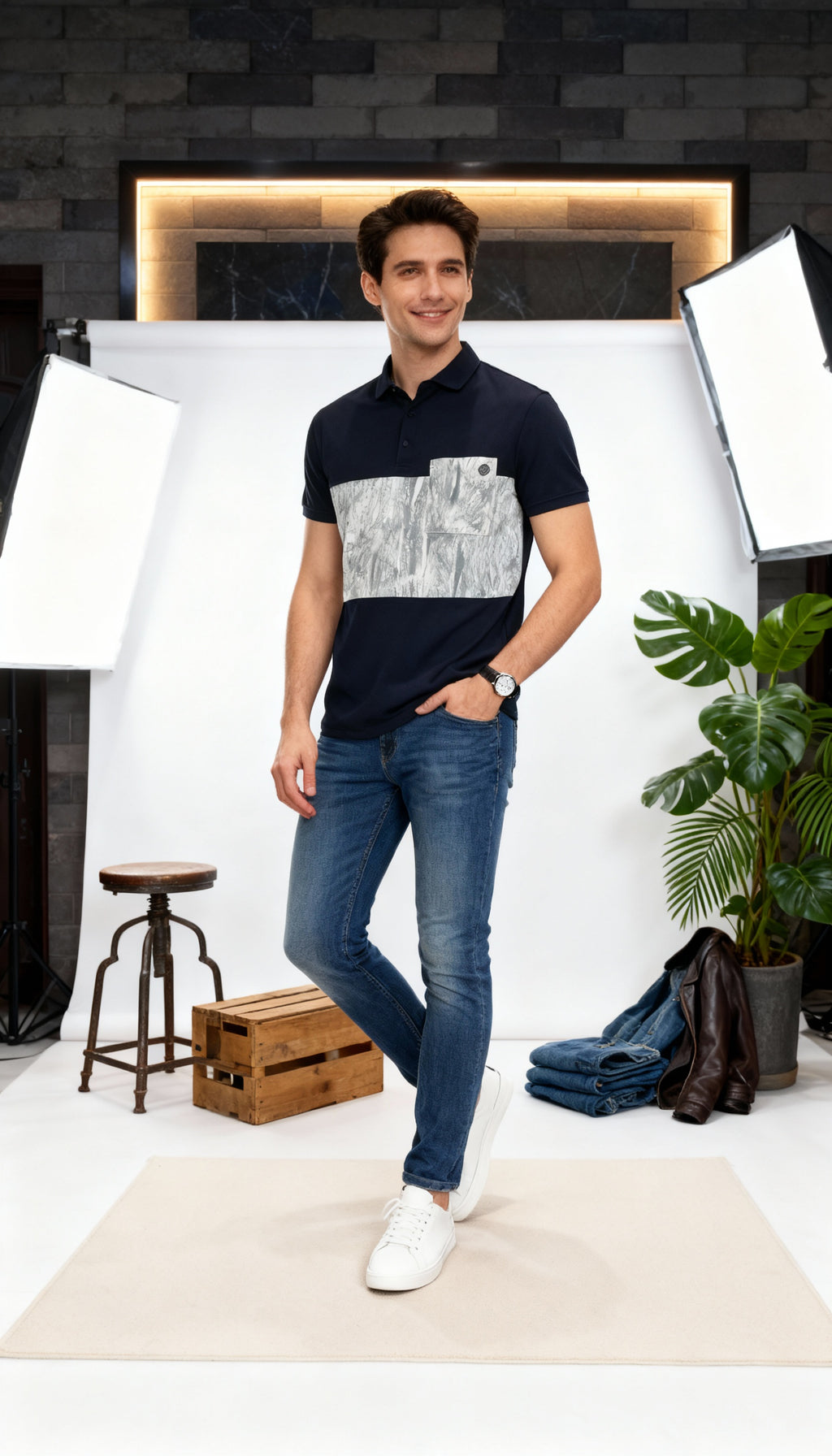 Self Printed Men's Polo T-Shirt With Designed Pocket