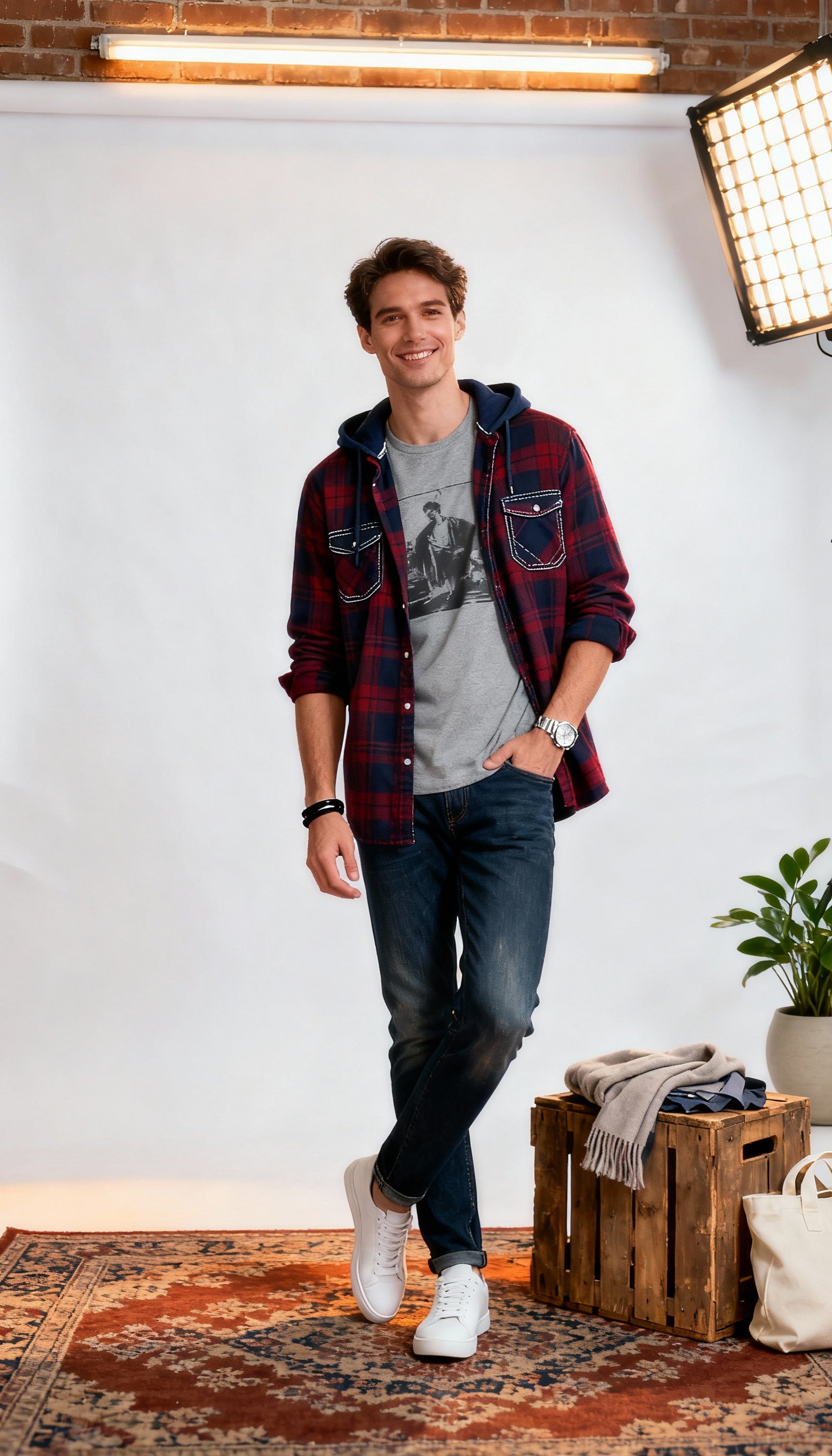 Full Sleeve Hoodie Style Checks Men's Shirt With Attached T-Shirt