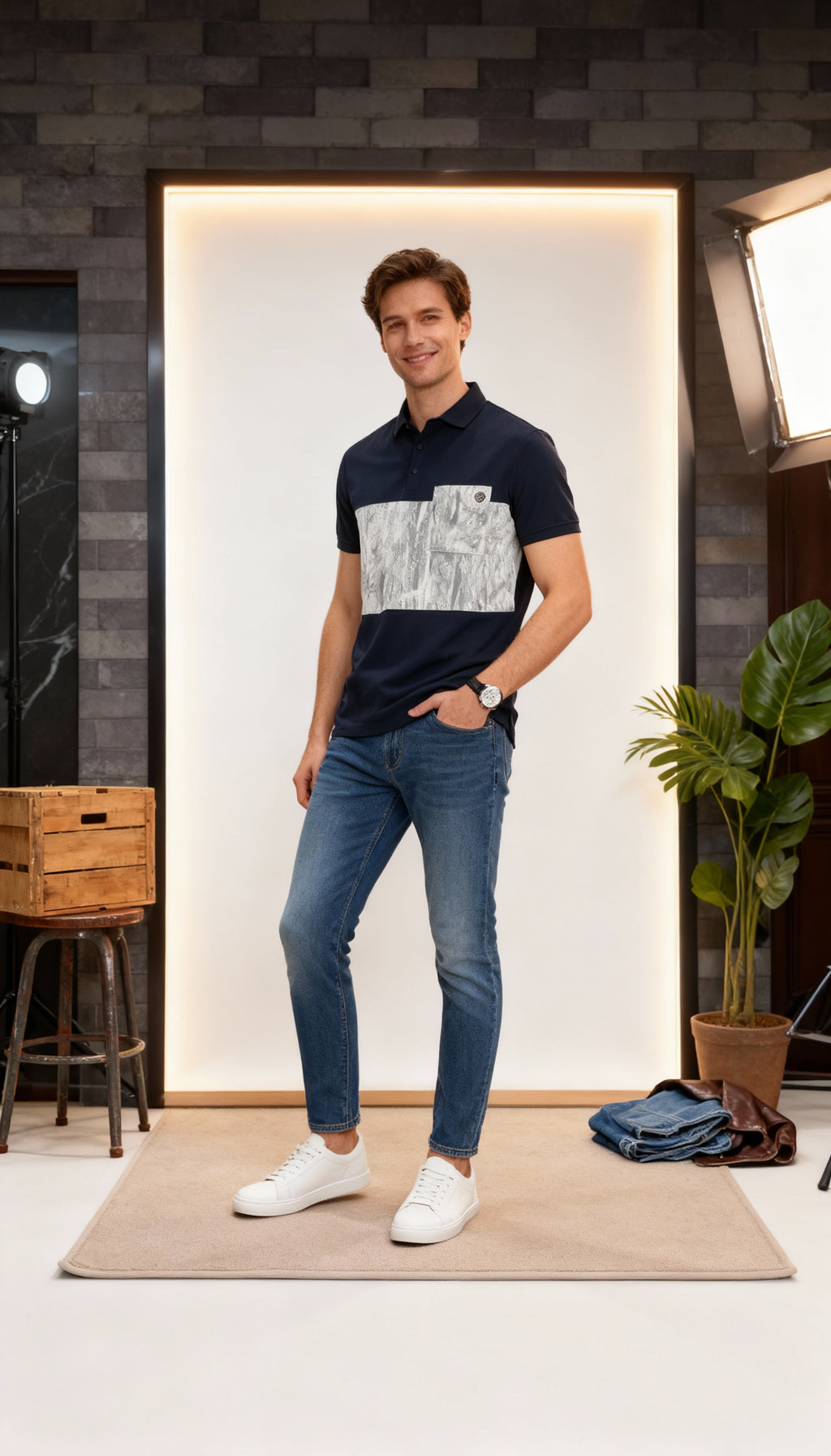 Self Printed Men's Polo T-Shirt With Designed Pocket