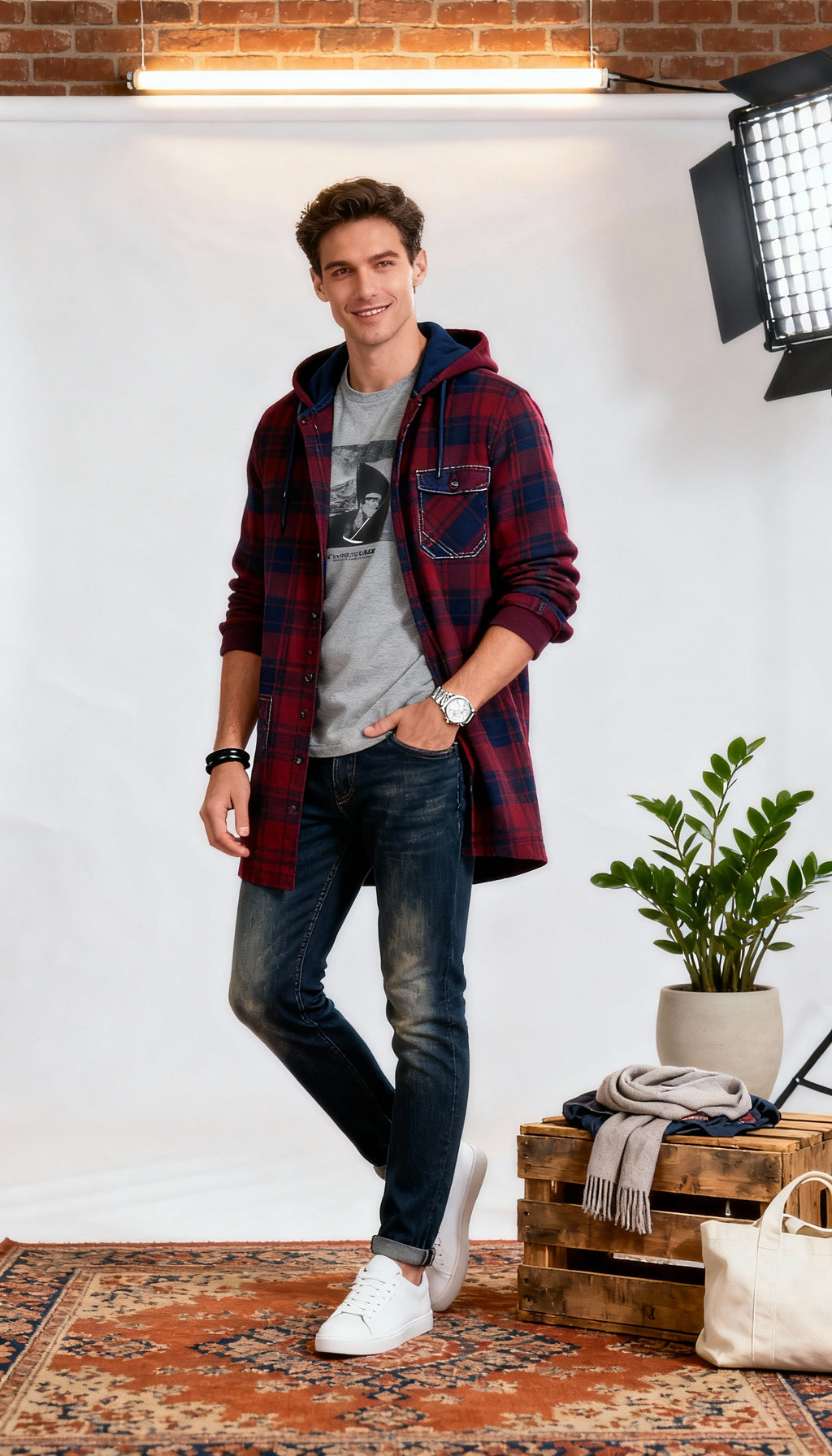 Full Sleeve Hoodie Style Checks Men's Shirt With Attached T-Shirt