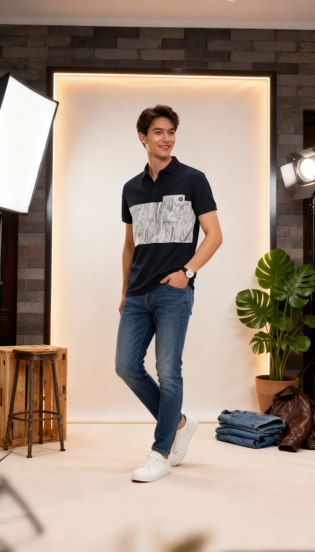 Self Printed Men's Polo T-Shirt With Designed Pocket