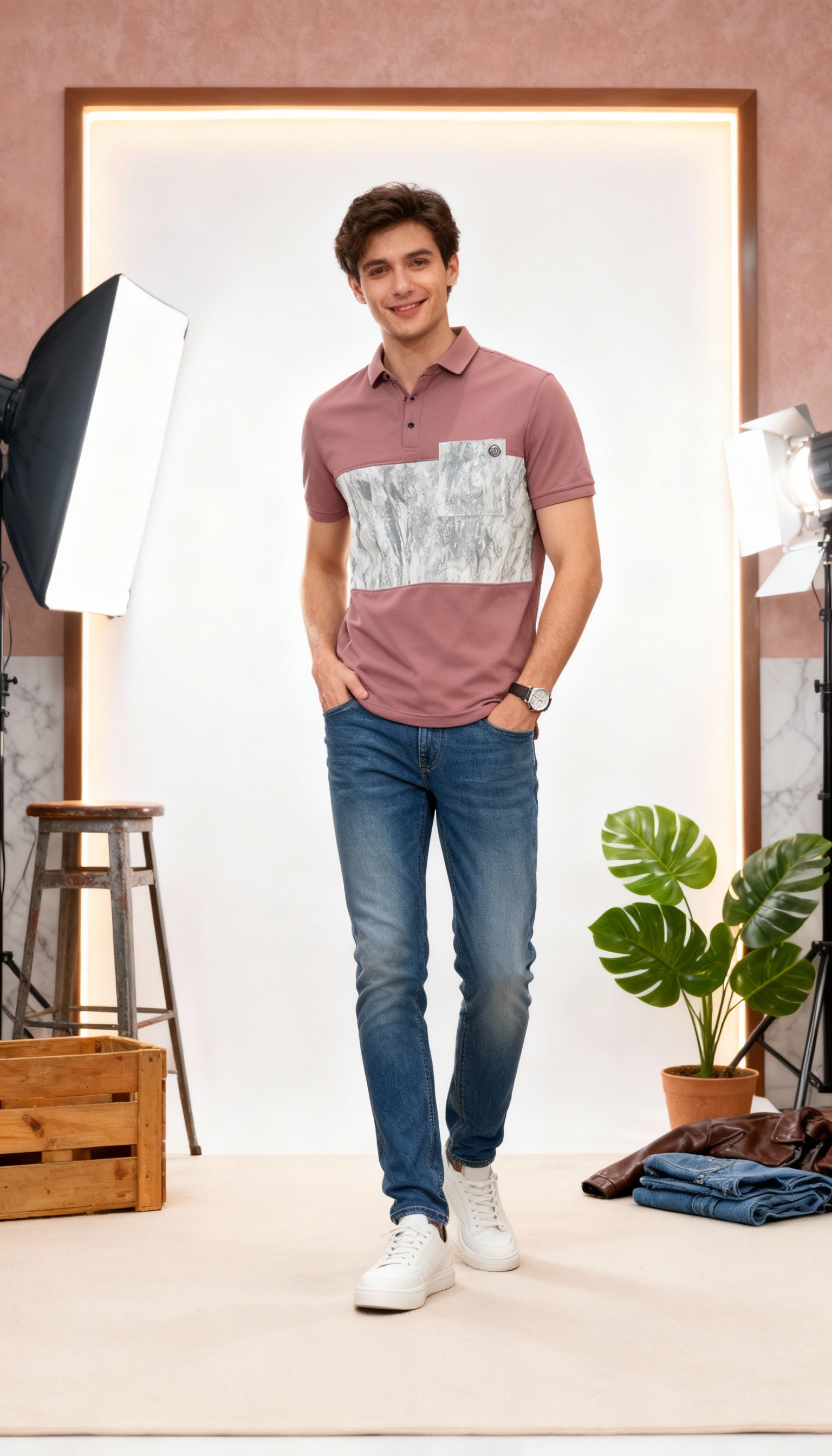 Self Printed Men's Polo T-Shirt With Designed Pocket