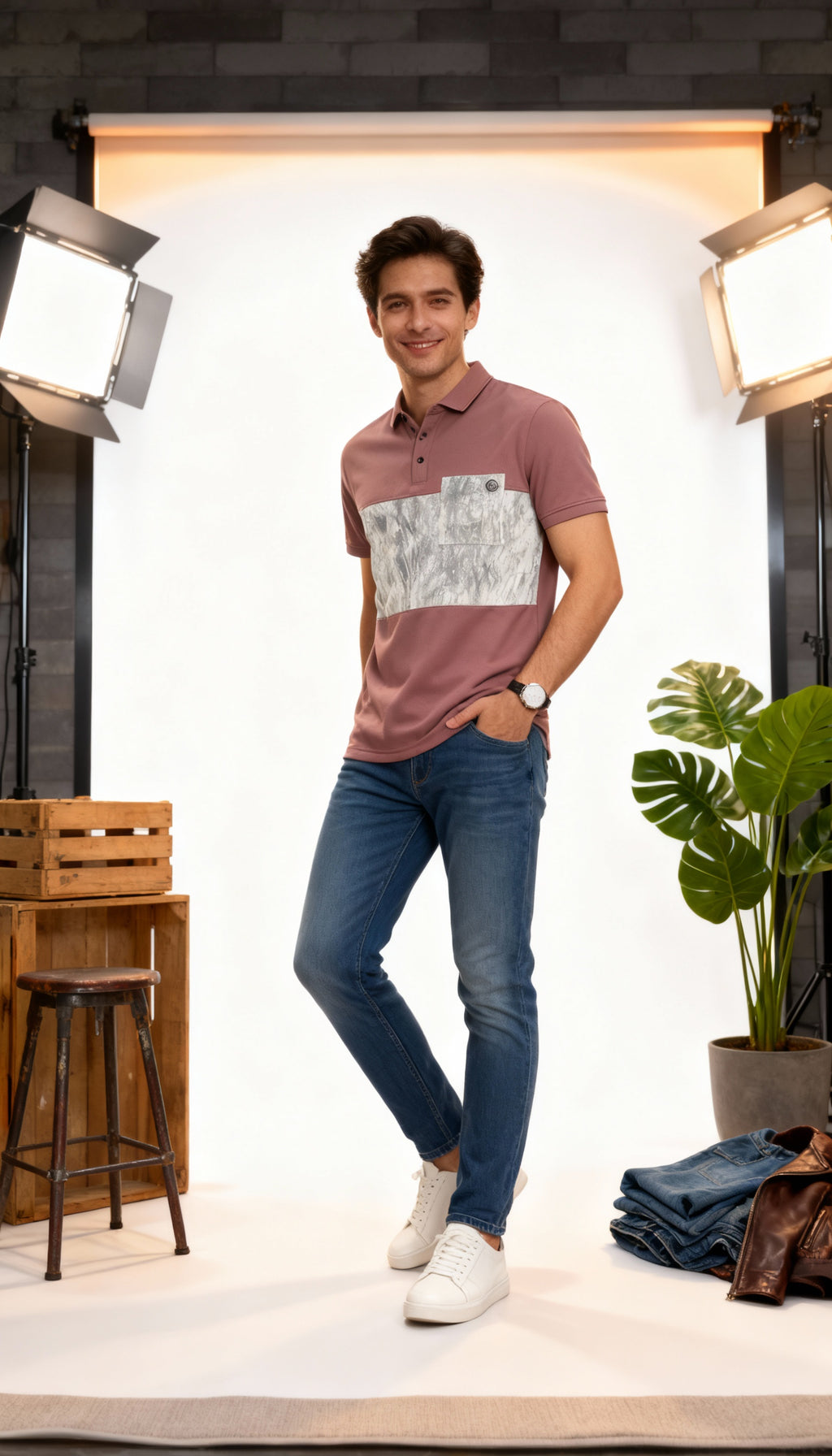 Self Printed Men's Polo T-Shirt With Designed Pocket