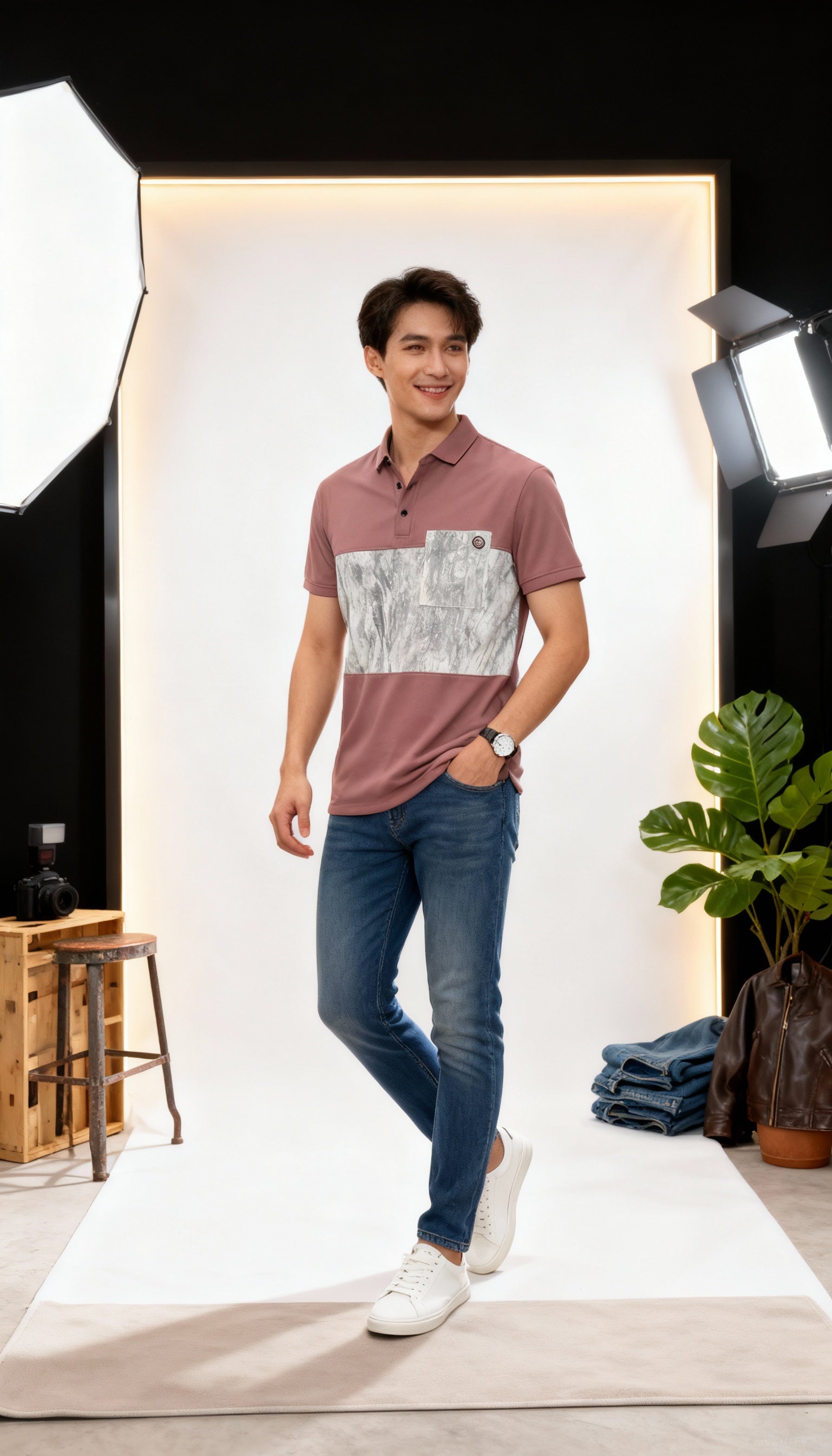 Self Printed Men's Polo T-Shirt With Designed Pocket