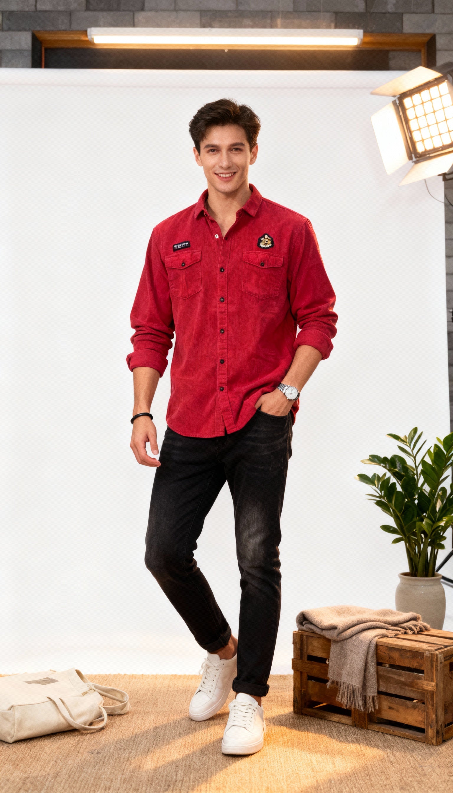 Solid Plain  Double Pocket Men's Shirt