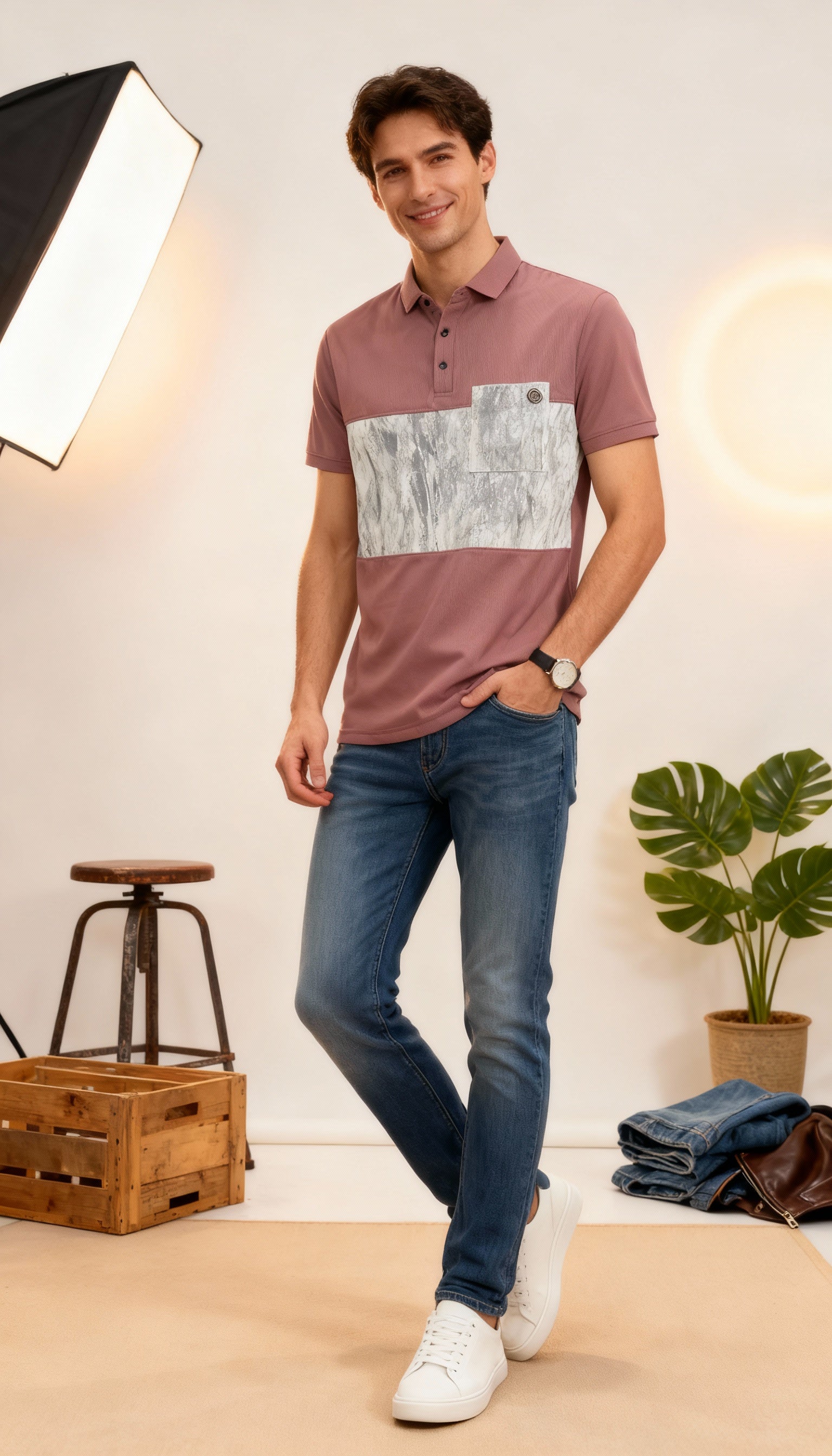 Self Printed Men's Polo T-Shirt With Designed Pocket