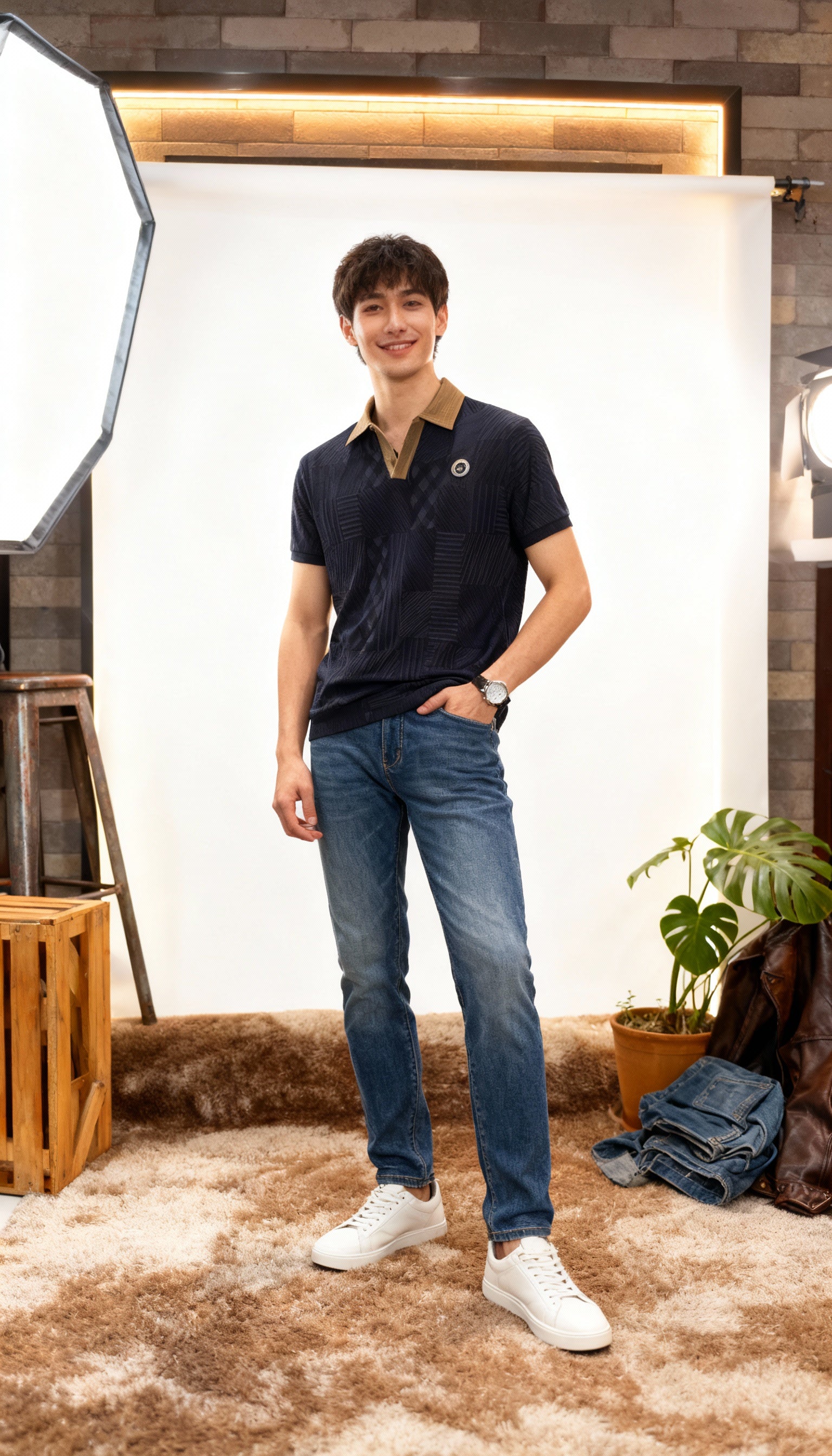 Self Printed Men's Polo T-Shirt With Designed Pocket