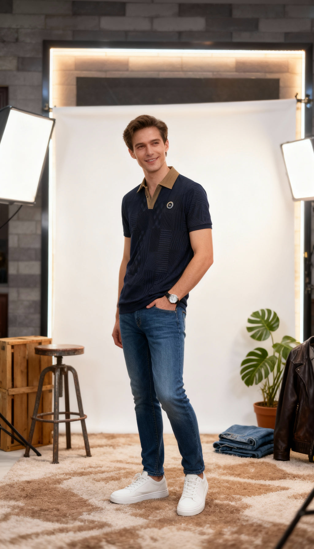 Self Printed Men's Polo T-Shirt With Designed Pocket