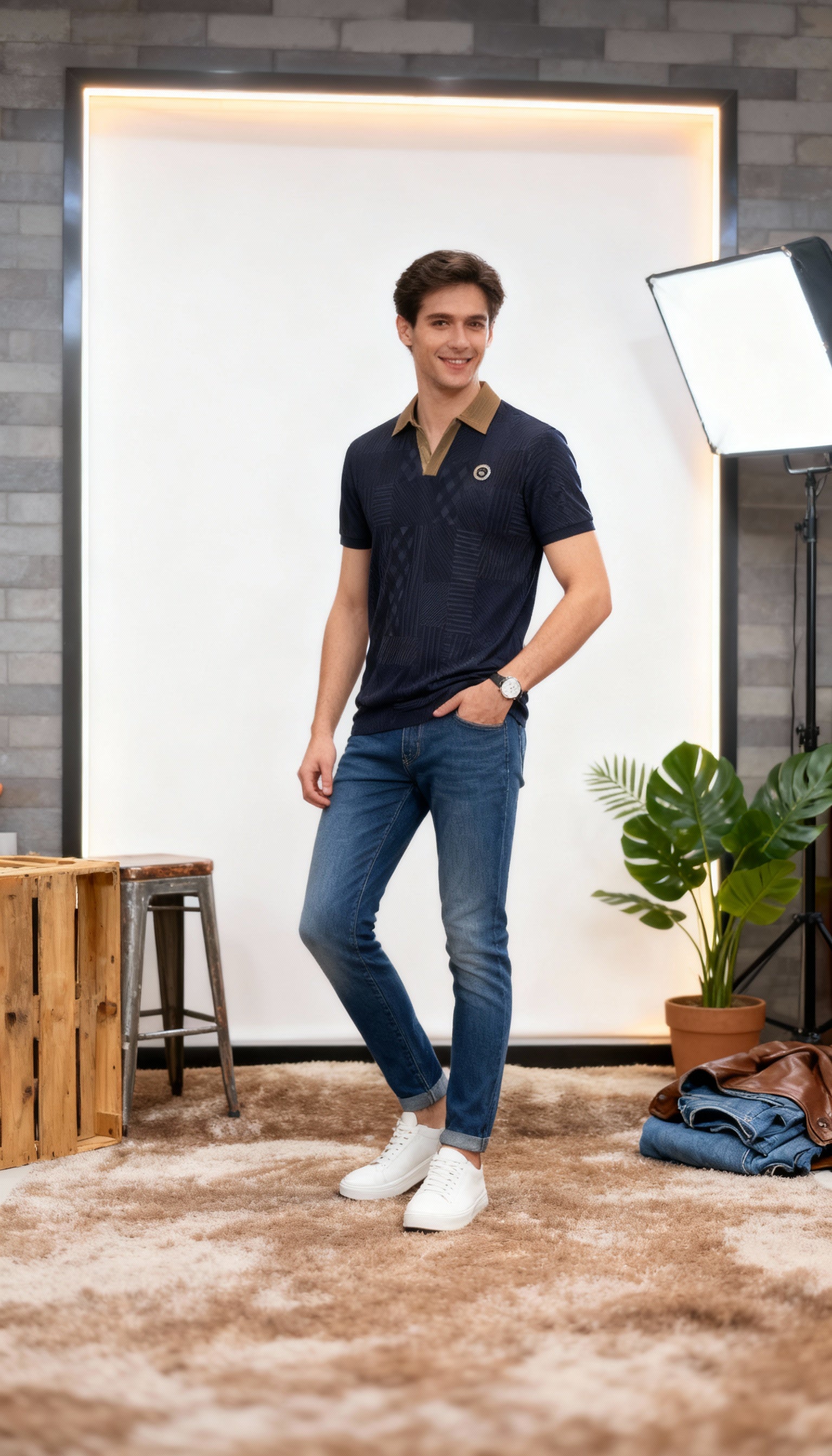 Self Printed Men's Polo T-Shirt With Designed Pocket