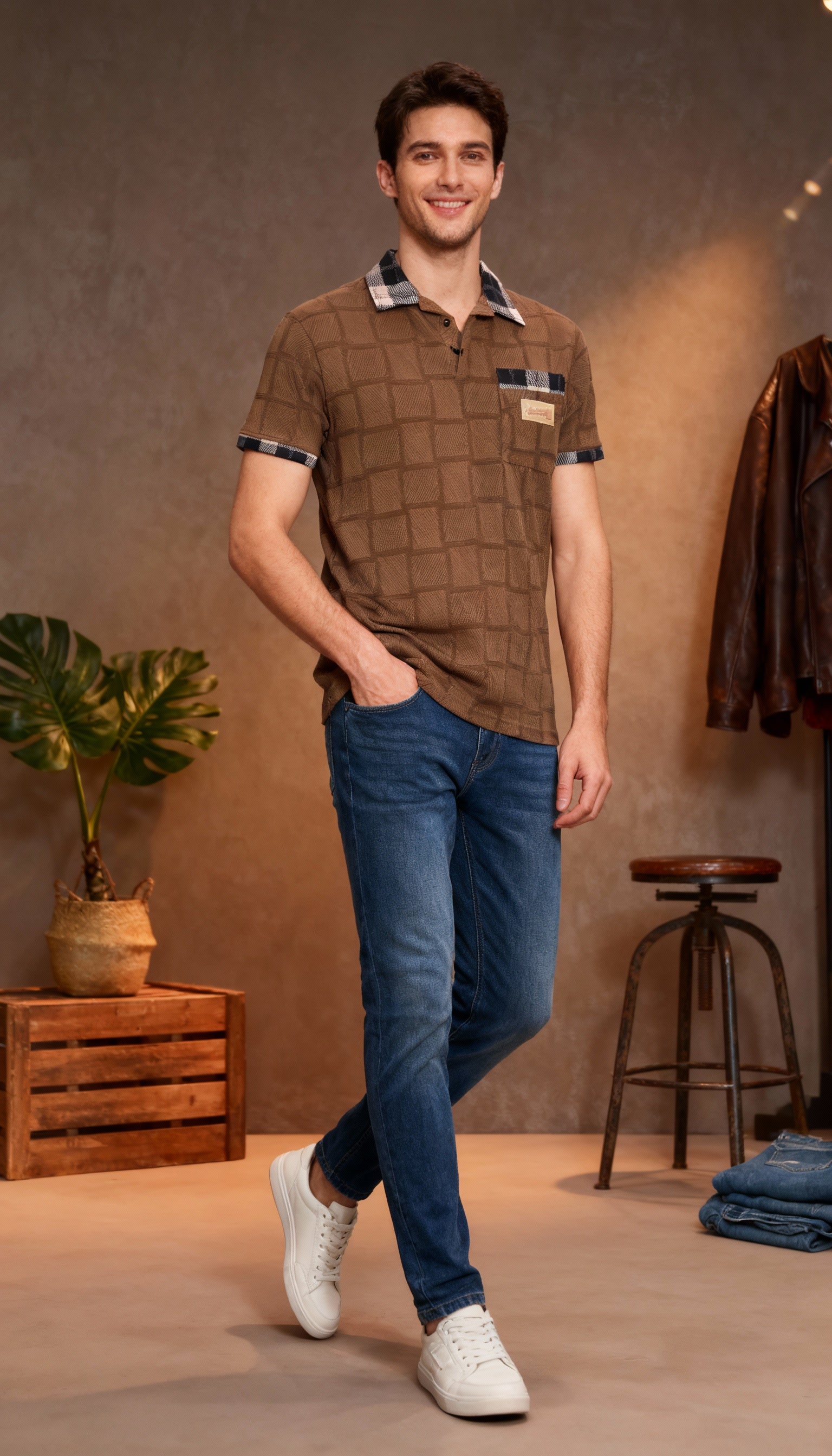 Checks Polo Men's T-Shirt With Designed Pocket