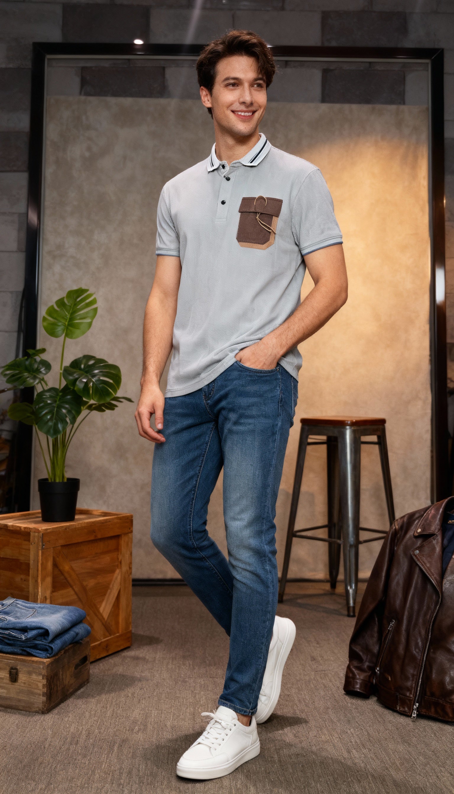 Self Stripe Design Polo Men's T-Shirt With Designed Pocket