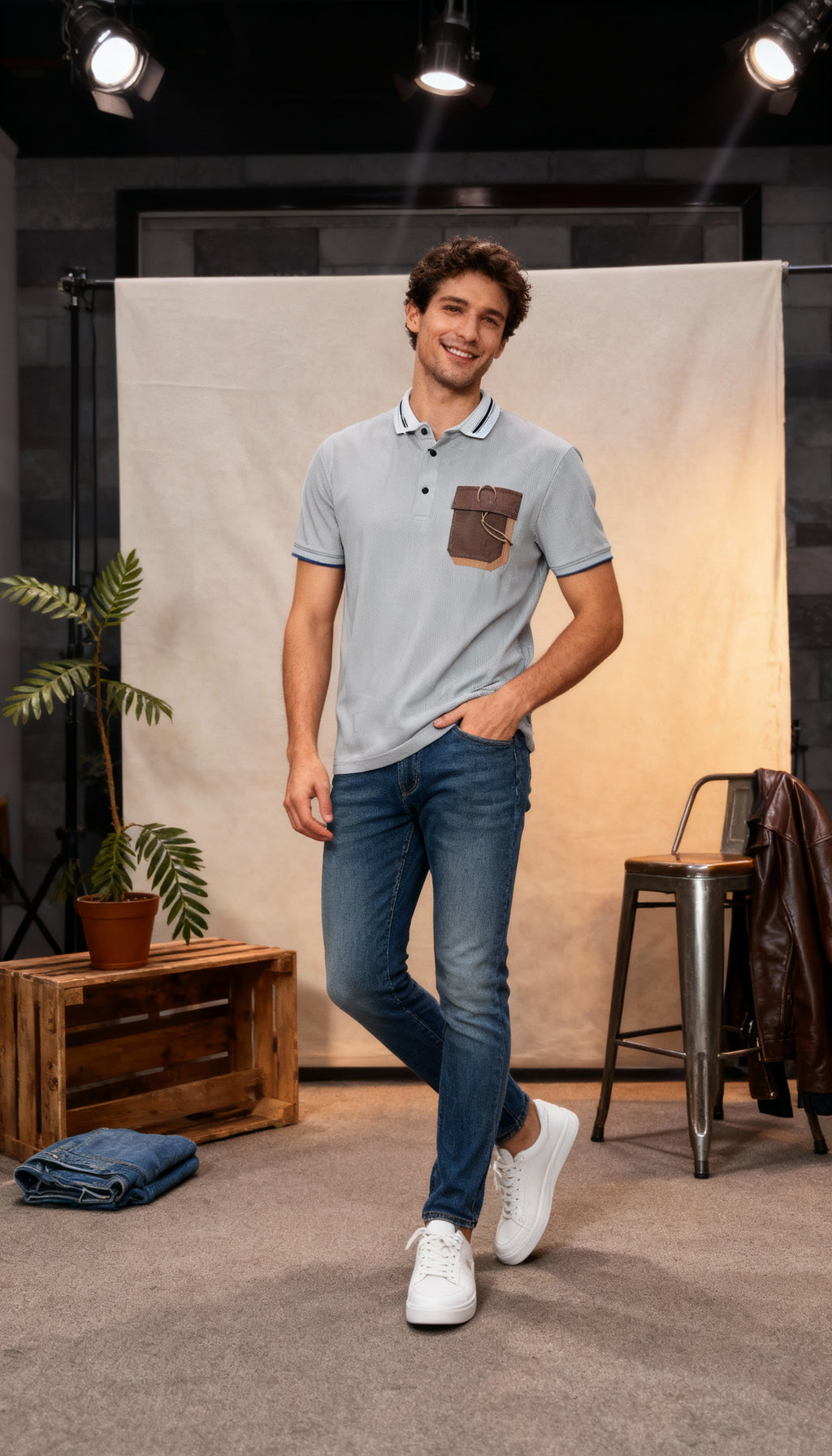 Self Stripe Design Polo Men's T-Shirt With Designed Pocket