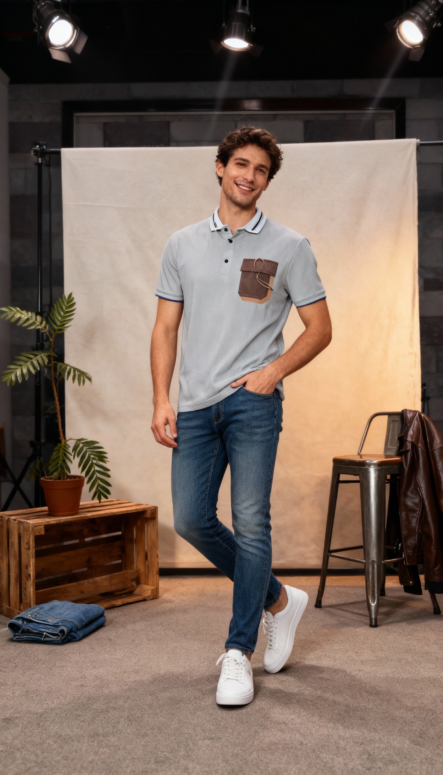 Self Stripe Design Polo Men's T-Shirt With Designed Pocket