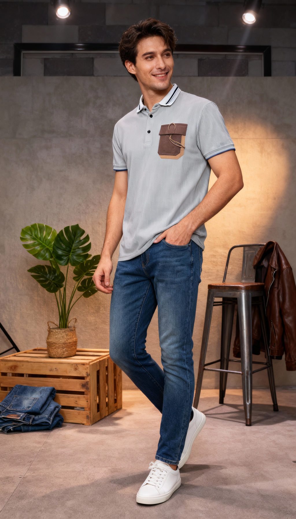 Self Stripe Design Polo Men's T-Shirt With Designed Pocket