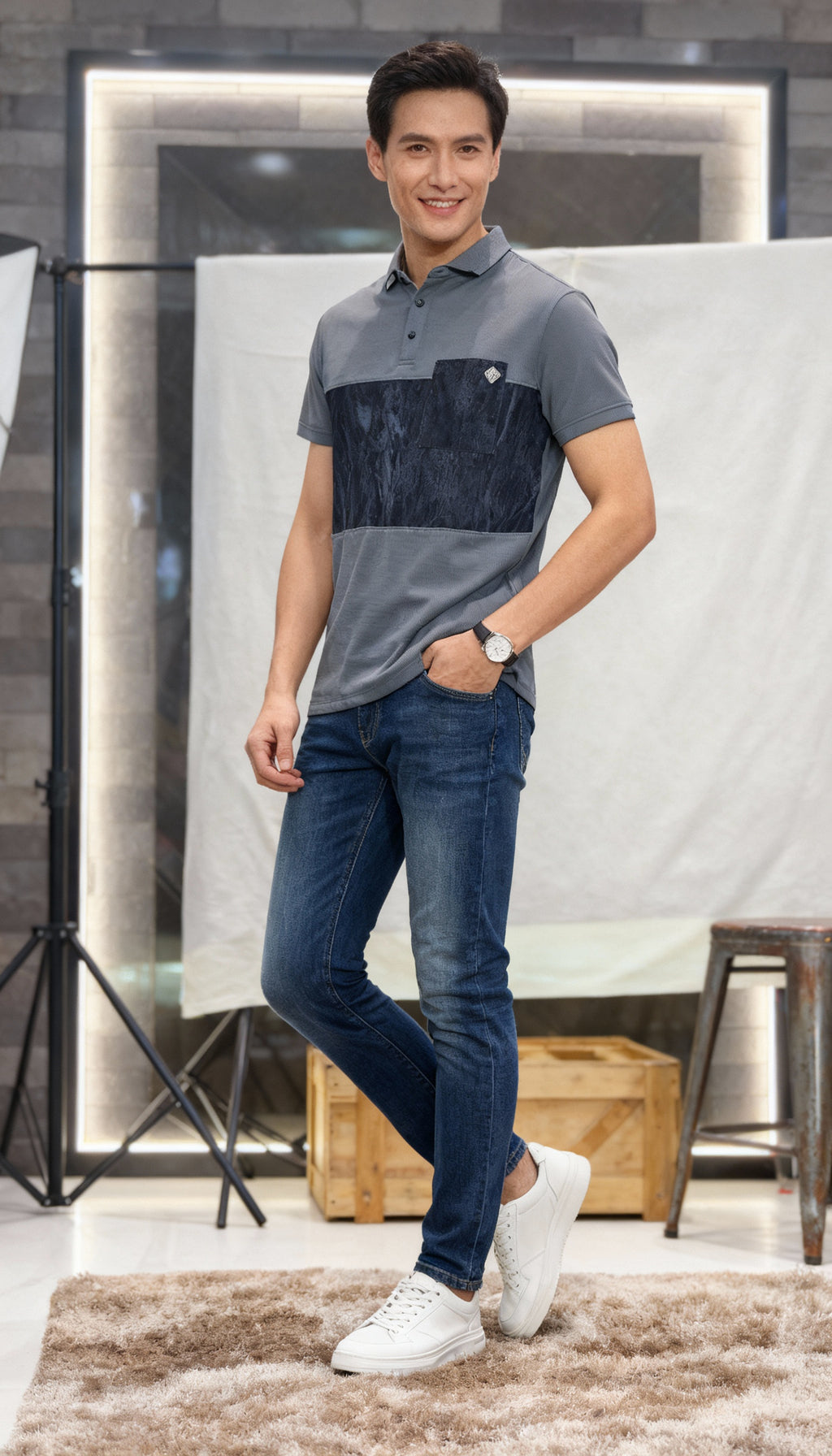 Self Printed Men's Polo T-Shirt With Designed Pocket