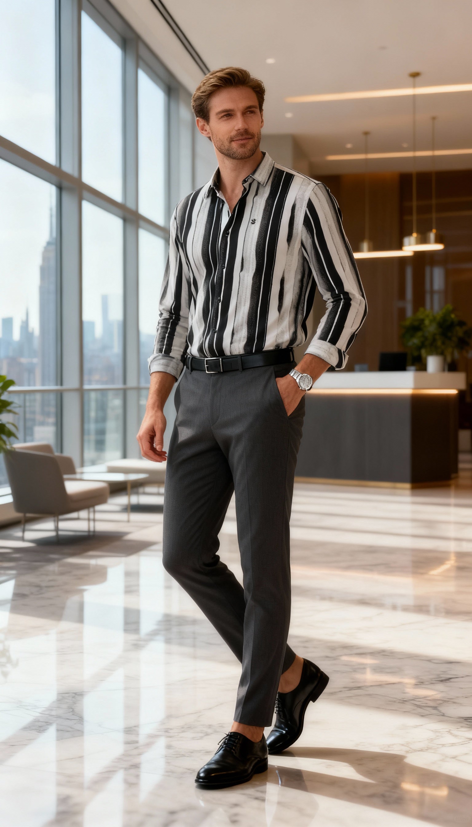 Korean Style Fancy Lining Design Men's Shirt