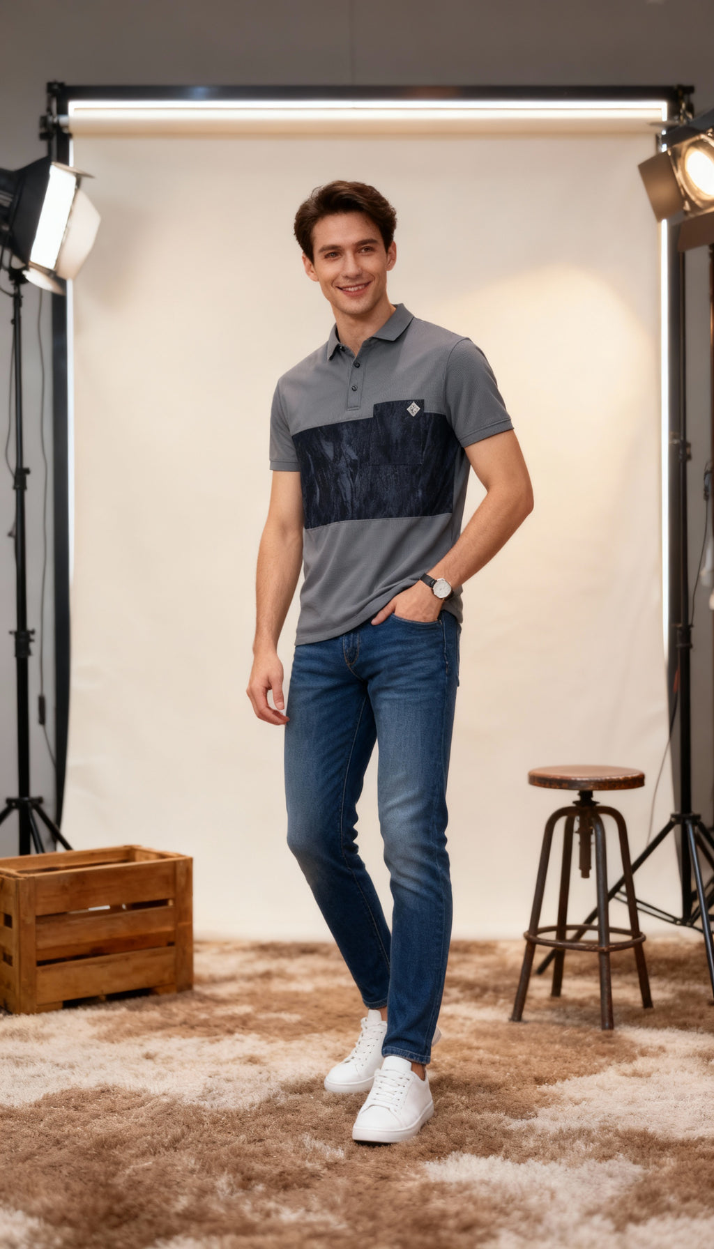 Self Printed Men's Polo T-Shirt With Designed Pocket