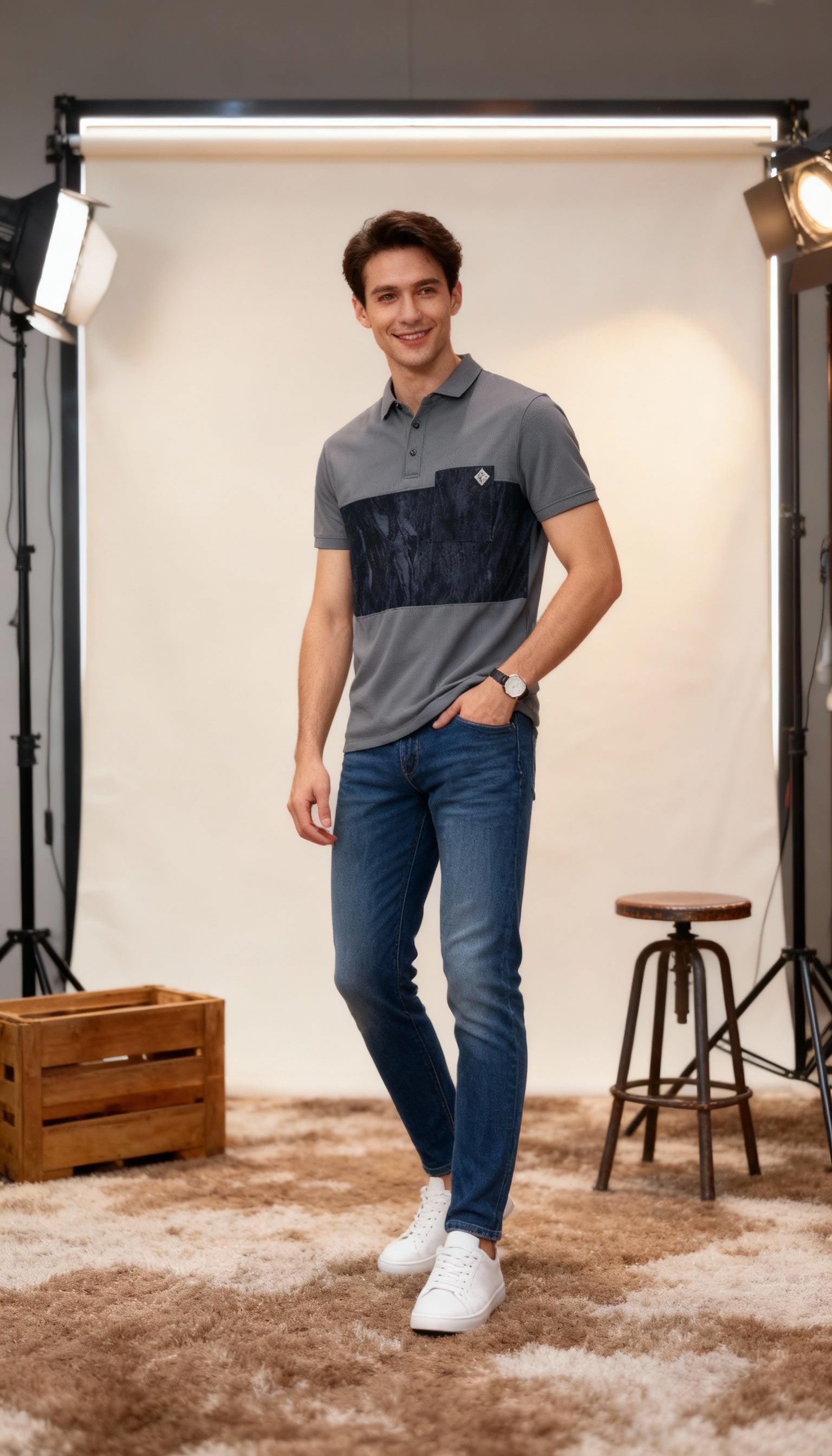 Self Printed Men's Polo T-Shirt With Designed Pocket