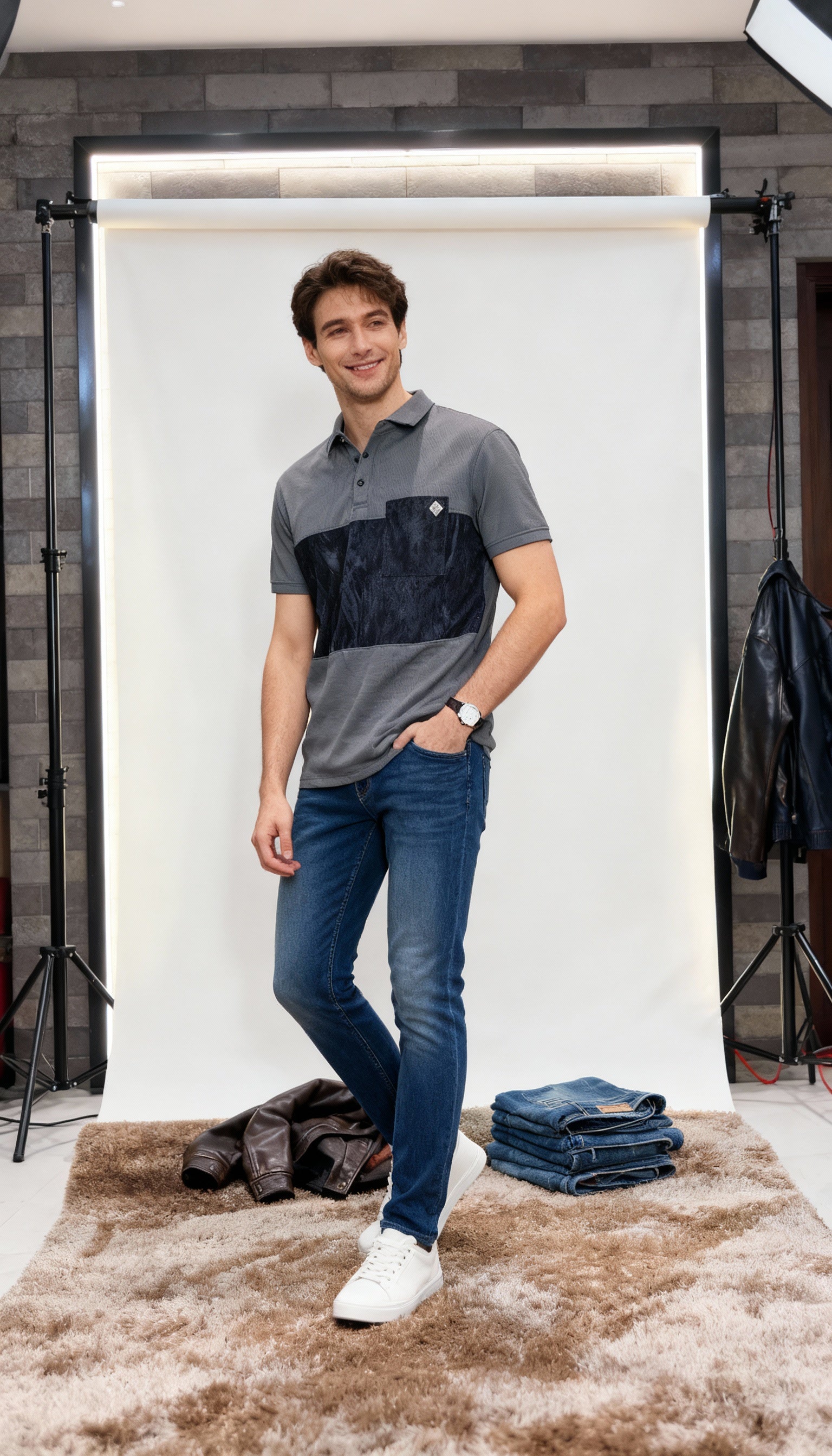 Self Printed Men's Polo T-Shirt With Designed Pocket